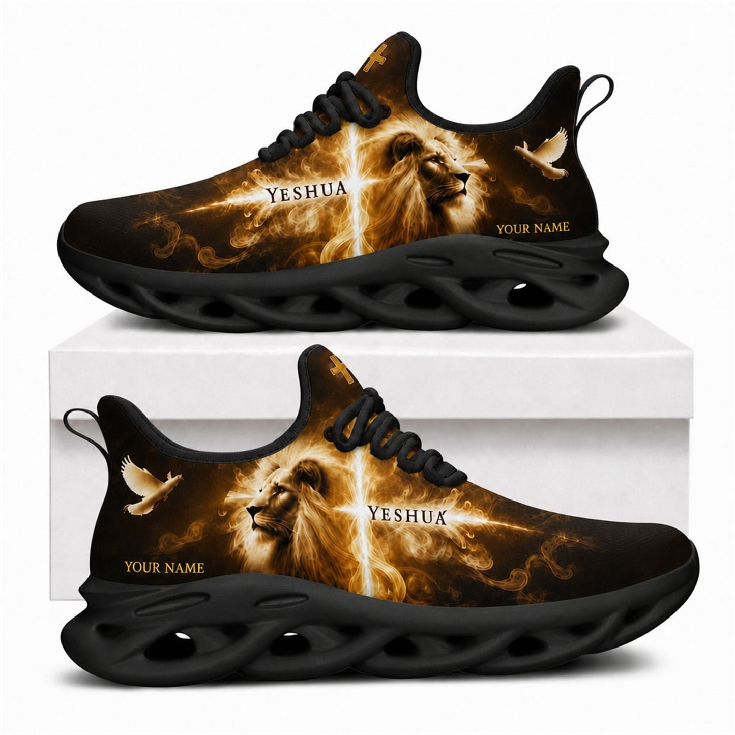 Christian sneakers featuring Lion of Judah, dove of peace, "Yeshua" text, black wavy soles