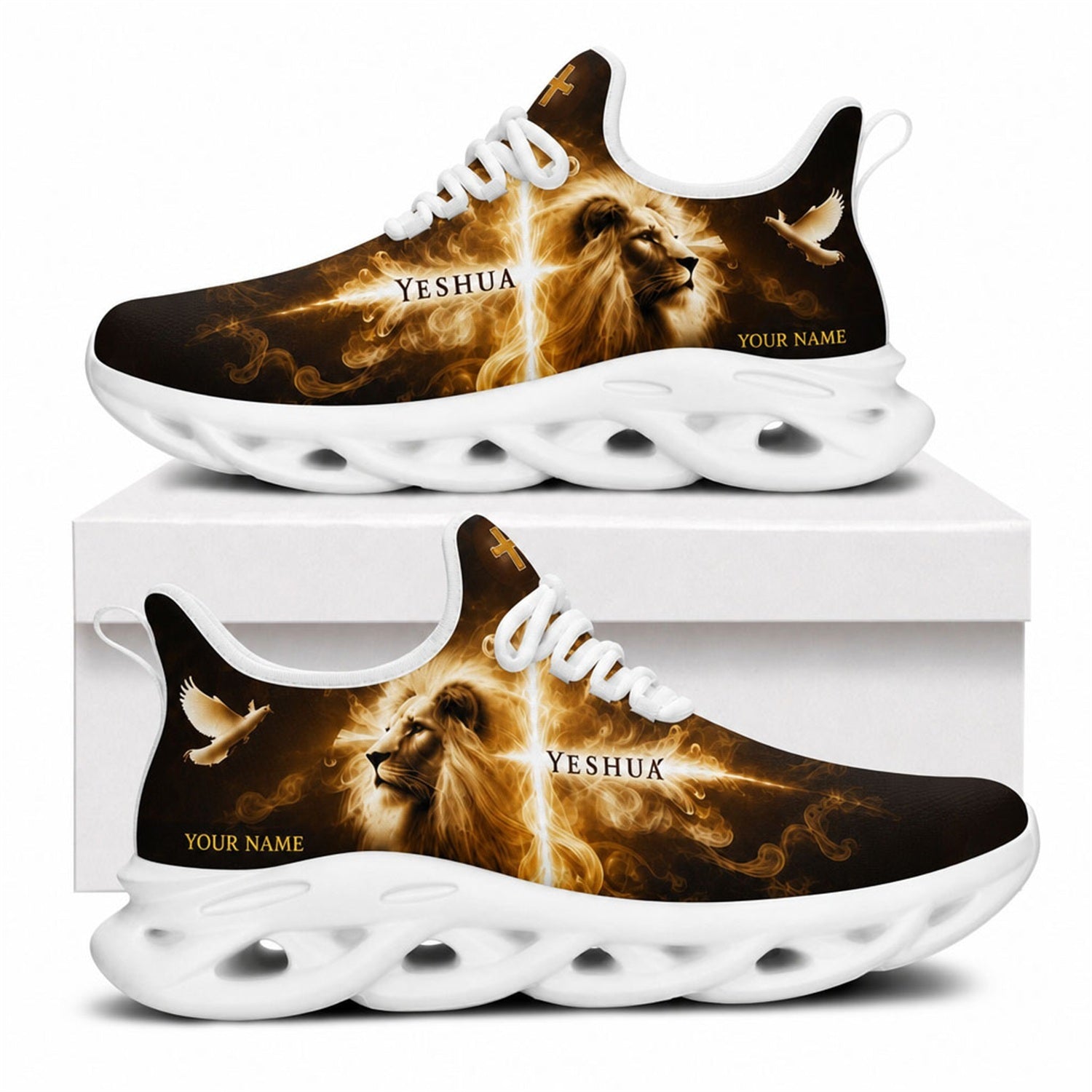 Side view of faith-based sneakers with Lion of Judah and dove art, white outsoles