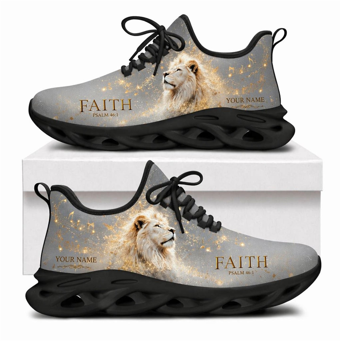 Christian sneakers with majestic lion, gold musical notes, and "Faith Psalm 46:1" on black soles