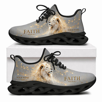 Christian sneakers with majestic lion, gold musical notes, and "Faith Psalm 46:1" on black soles