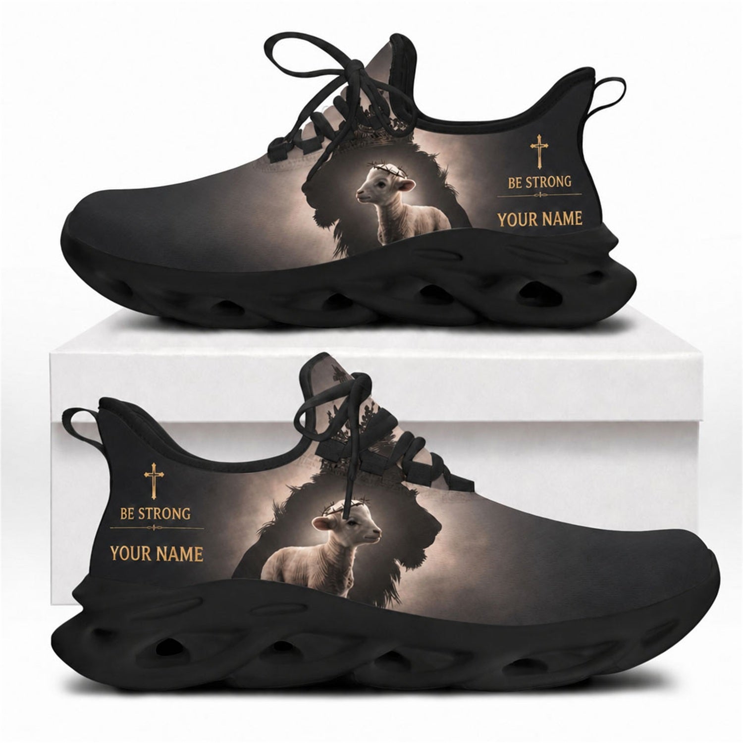 Lion and the lamb Christian shoes with silhouette artwork, gold cross, and solid black wavy soles