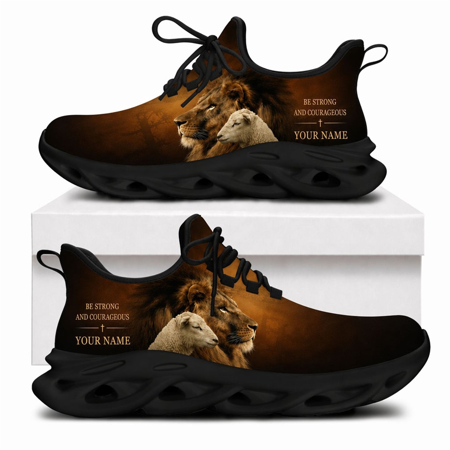 The lion and the lamb Christian shoes with Be Strong and Courageous text and solid black wavy soles