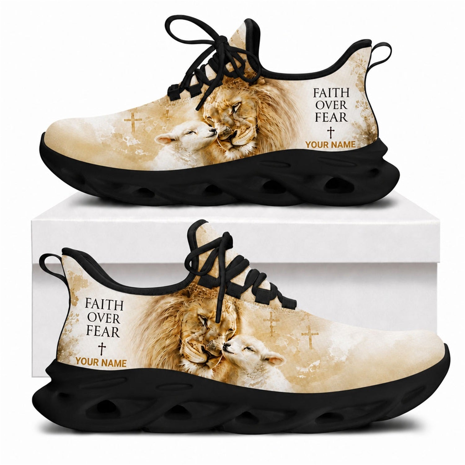 Lion and the Lamb Christian shoes with watercolor art and a solid black wavy athletic sole