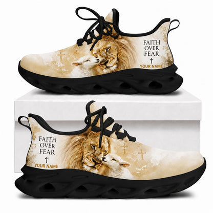 Lion and the Lamb Christian shoes with watercolor art and a solid black wavy athletic sole