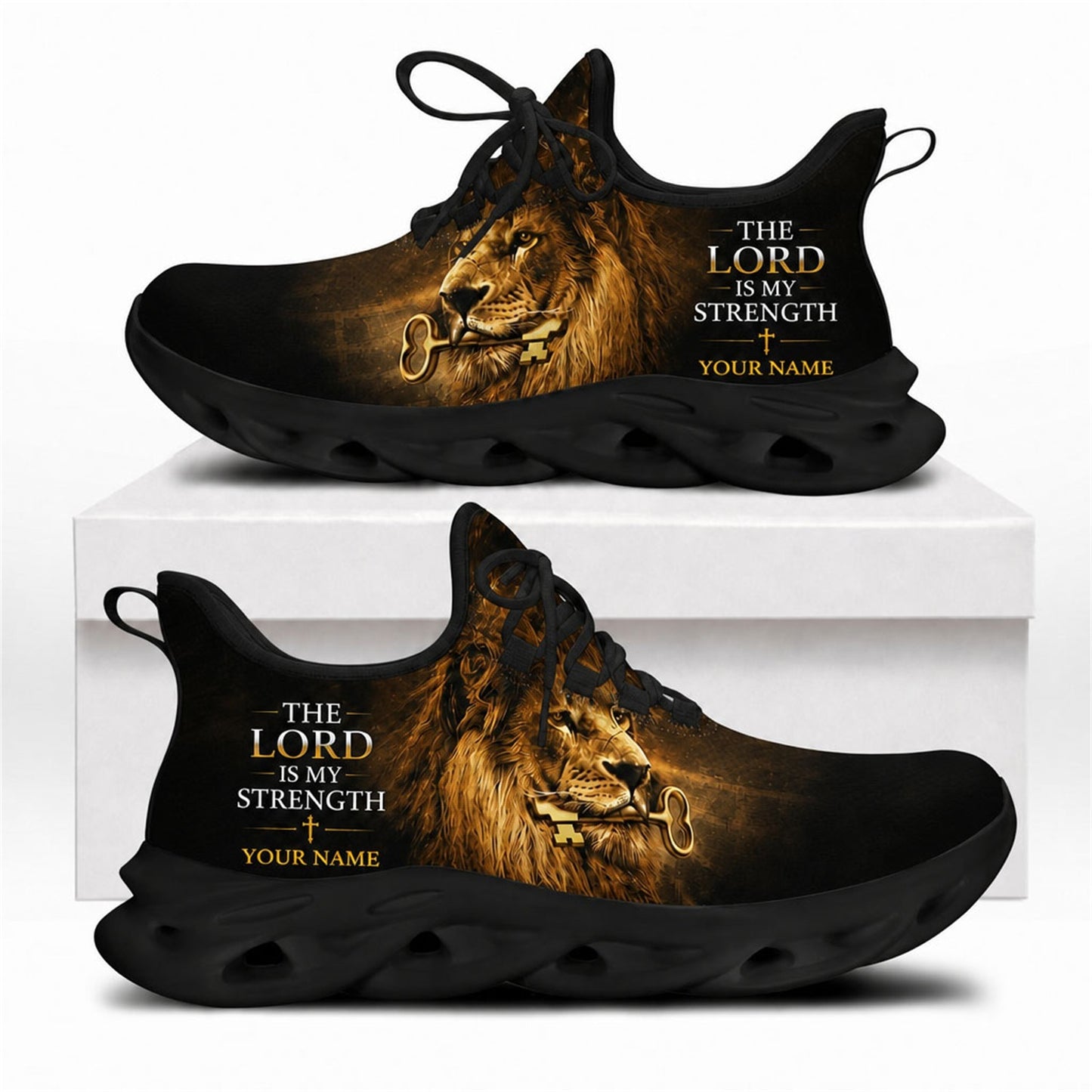 Lion of Judah Christian shoes holding a golden key with a solid black wavy athletic sole