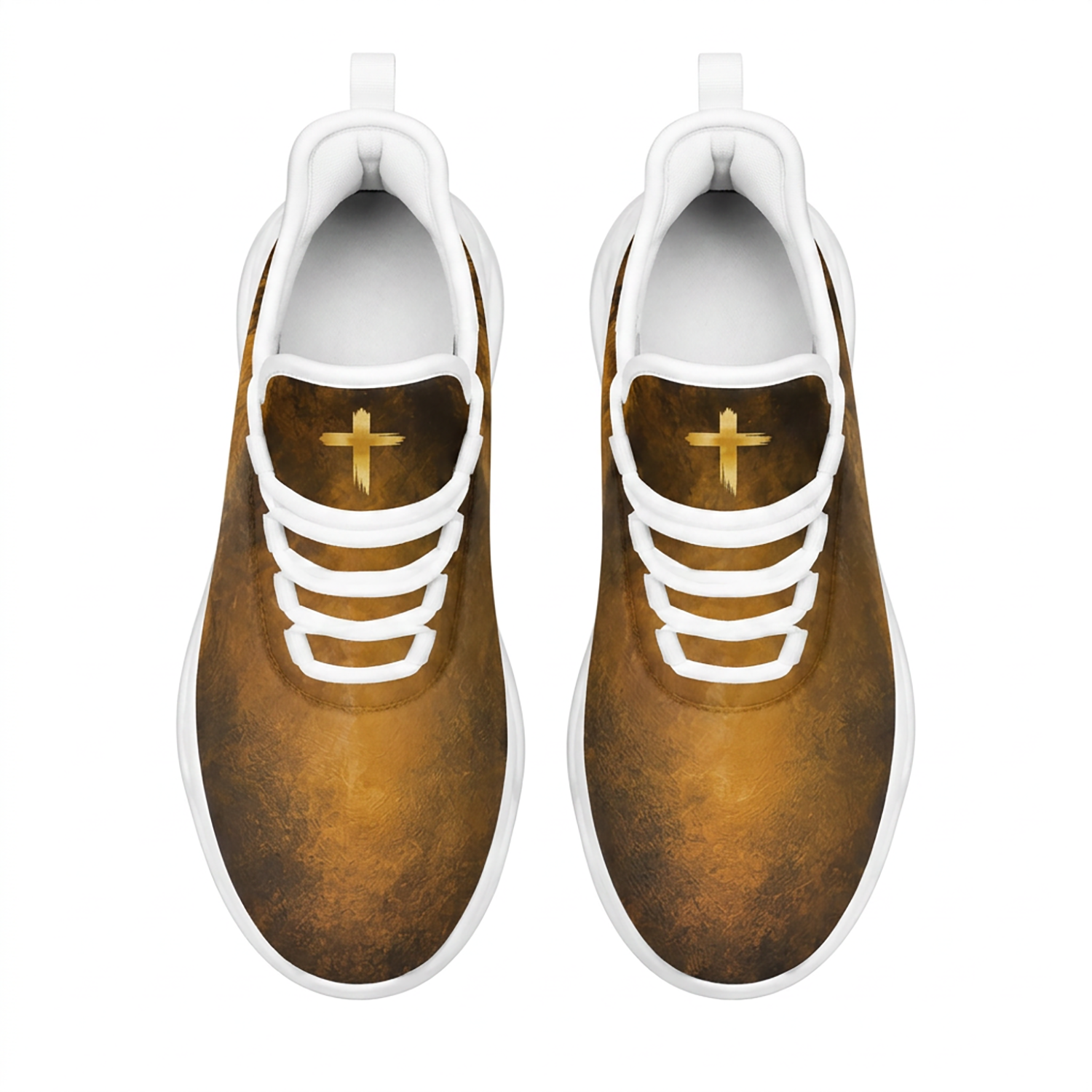 Top-down view of the custom sneakers showcasing the golden textured upper and a painted cross on the tongue panels