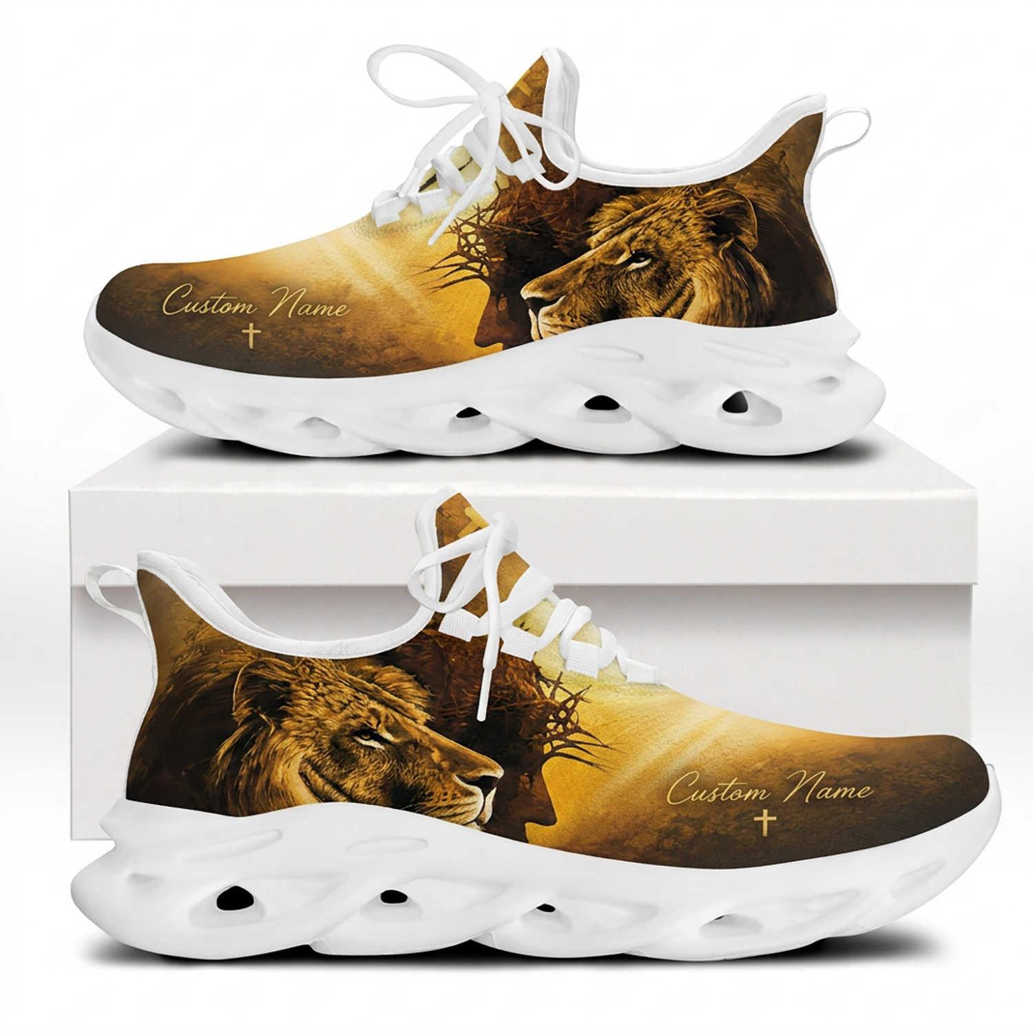Both side views of Custom Name Lion of Judah Jesus Max Soul Shoes on white soles with a golden profile of Christ and a lion