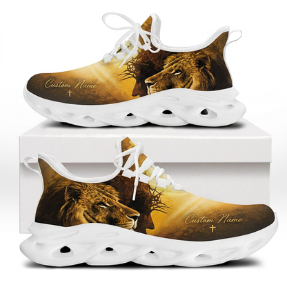 Both side views of Custom Name Lion of Judah Jesus Max Soul Shoes on white soles with a golden profile of Christ and a lion