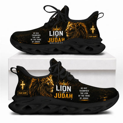 Christian sneakers featuring Lion of Judah art, crown, and Revelation 5:5 text on black wavy soles