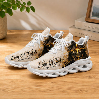 Lifestyle display of Custom Name Lion of Judah Max Soul shoes with white soles styled on a modern wooden table