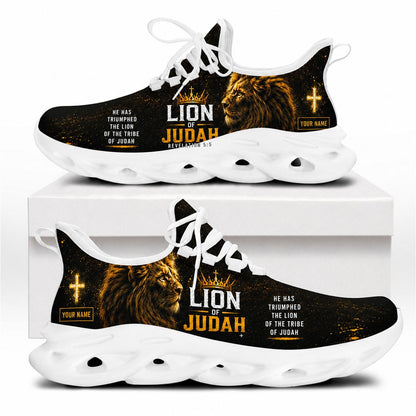 Side view of Lion of Judah faith sneakers with golden cross motif on white outsoles