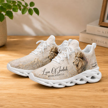 Lifestyle product presentation of Custom Name Lion of Judah Revelation 5:5 Max Soul shoes with white soles styled on a wooden tabletop