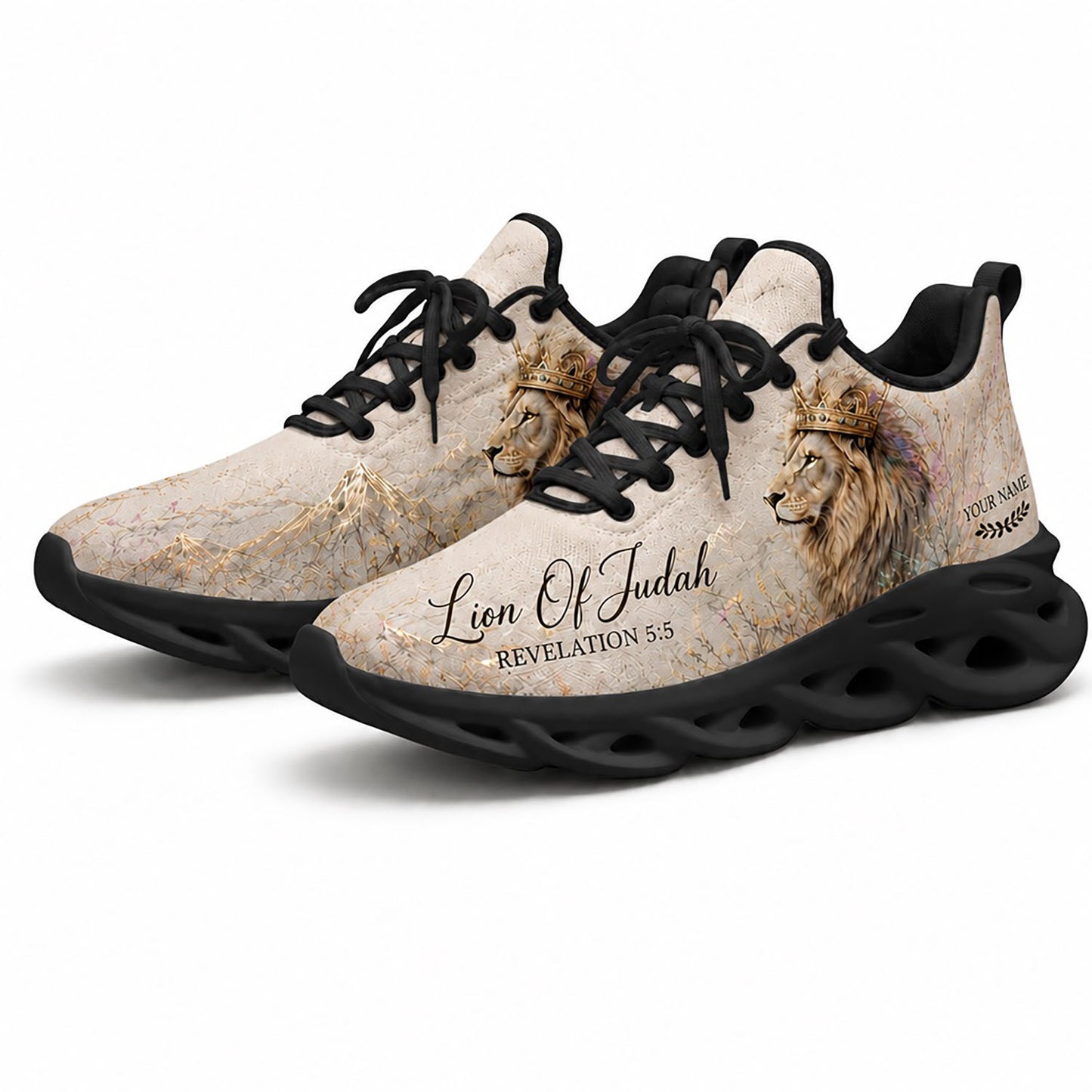 Pair of Christian beige sneakers featuring a regal majestic lion canvas print with dynamic black traction soles