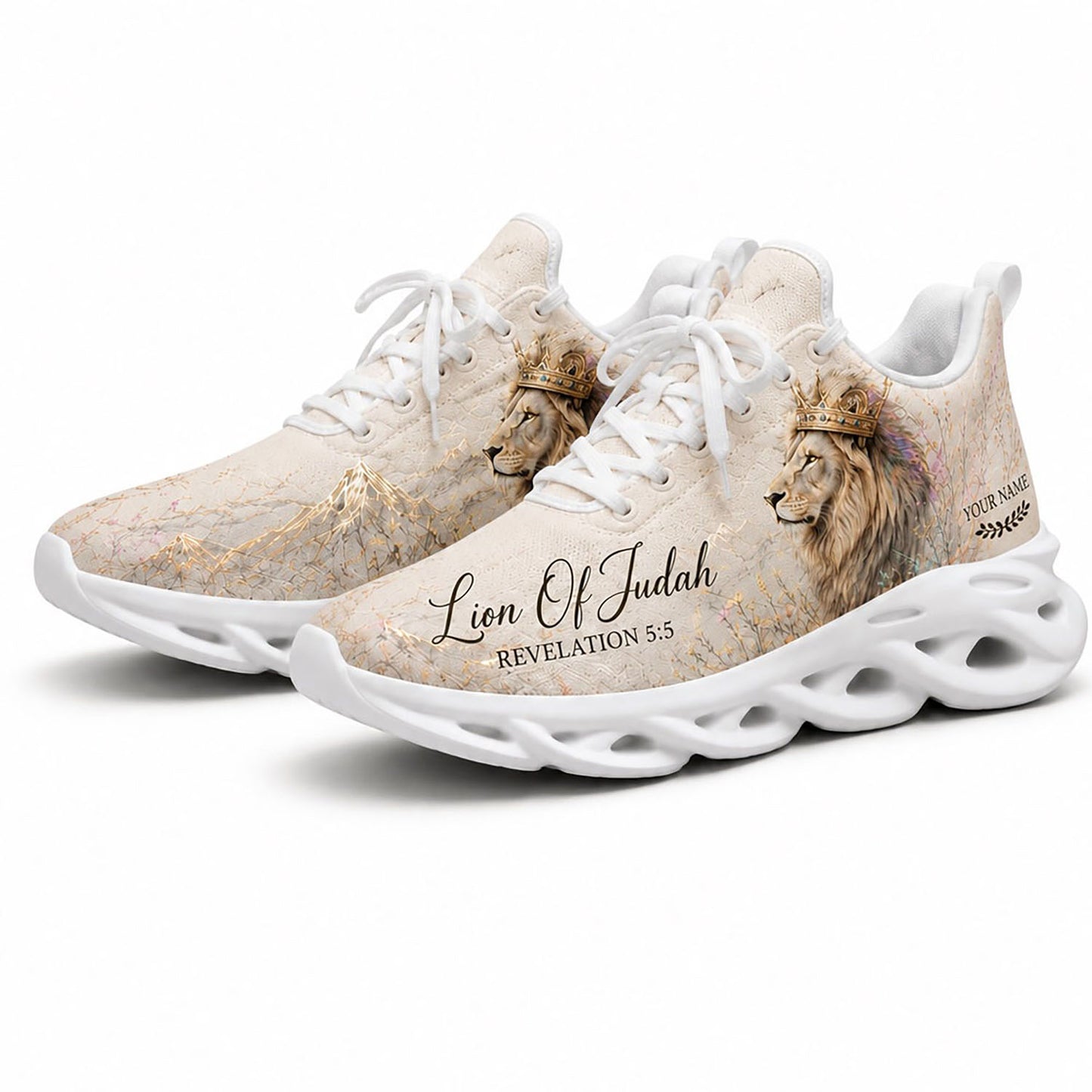 Angled pair of Christian beige sneakers with golden mountain lines and Revelation 5:5 text on clean white soles