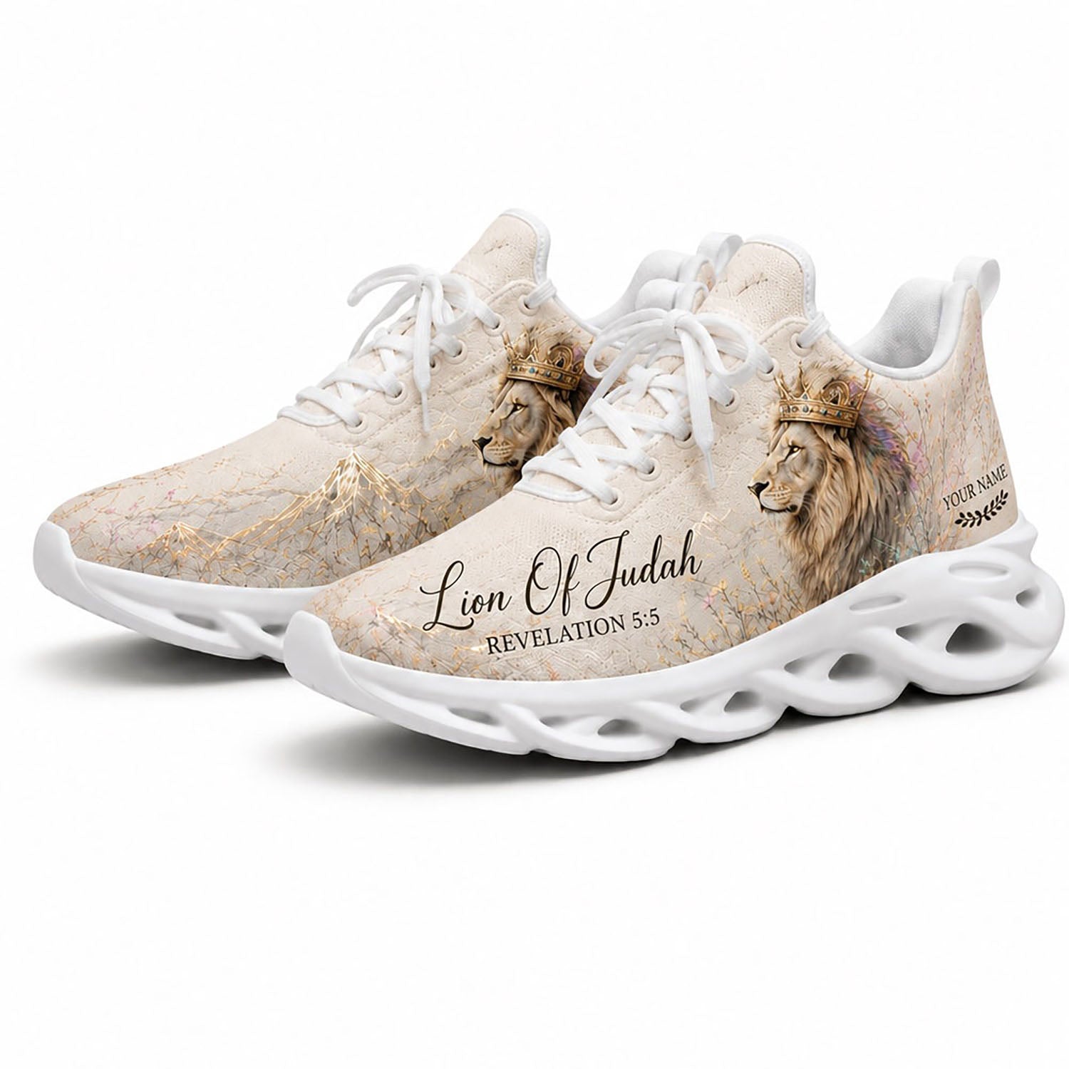 Angled pair of Christian beige sneakers with golden mountain lines and Revelation 5:5 text on clean white soles