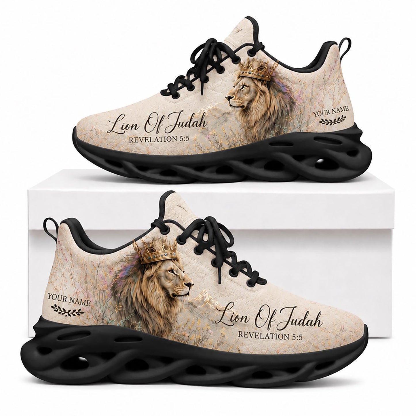 Side profile of Custom Name Lion of Judah Revelation 5:5 Max Soul Shoes in black sole showing the personalizable name area