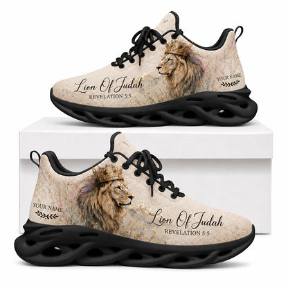 Side profile of Custom Name Lion of Judah Revelation 5:5 Max Soul Shoes in black sole showing the personalizable name area