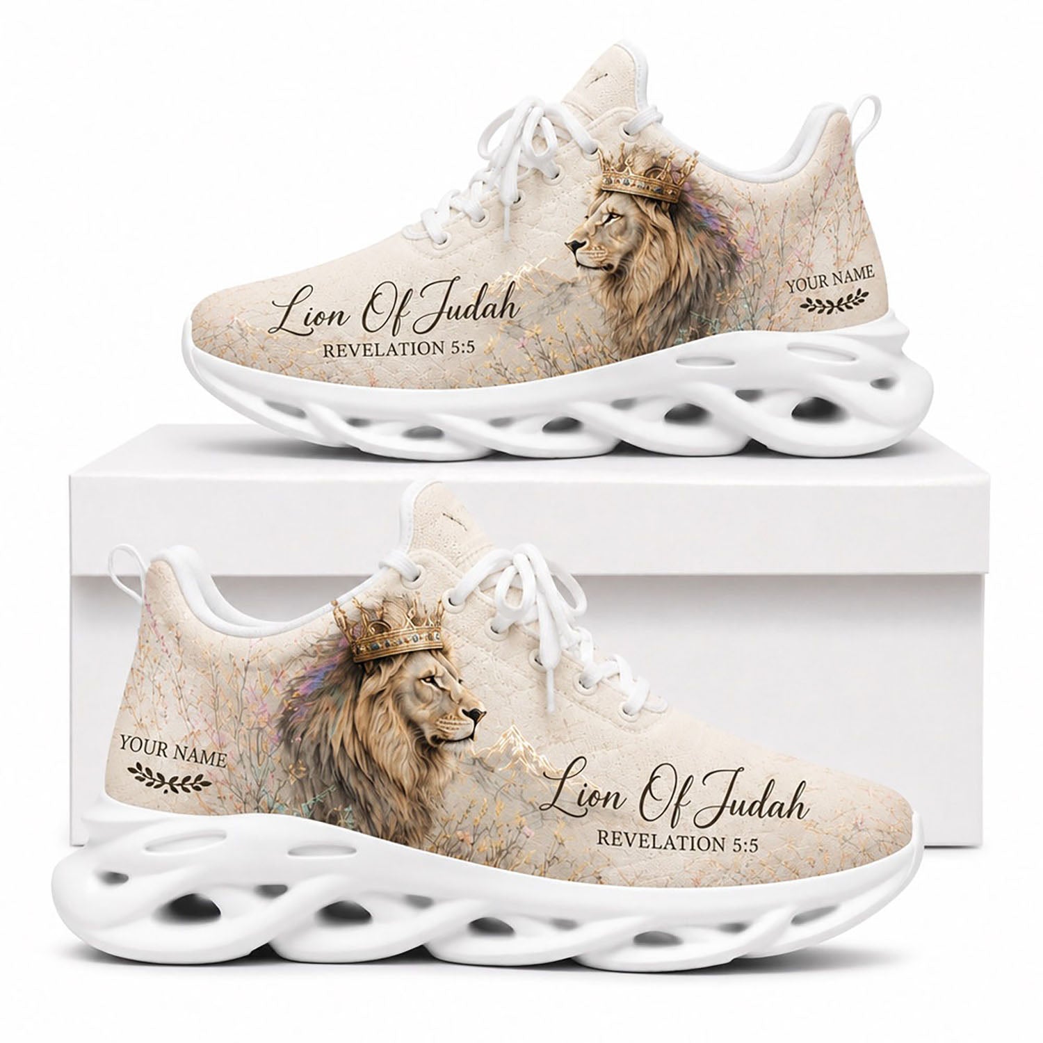 Side profile of Custom Name Lion of Judah Revelation 5:5 Max Soul Shoes on white soles featuring a crowned lion art