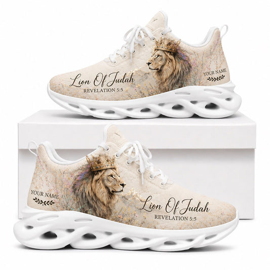 Side profile of Custom Name Lion of Judah Revelation 5:5 Max Soul Shoes on white soles featuring a crowned lion art