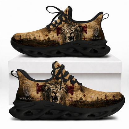 Christian sneakers with Lion of Judah, cross symbols, and custom name text on black wavy soles