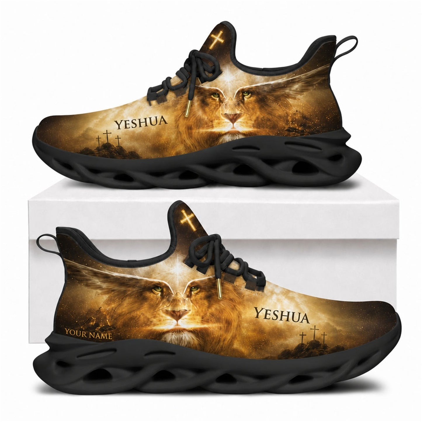 Christian sneakers with Lion of Judah art, three crosses, "Yeshua" text, black wavy soles