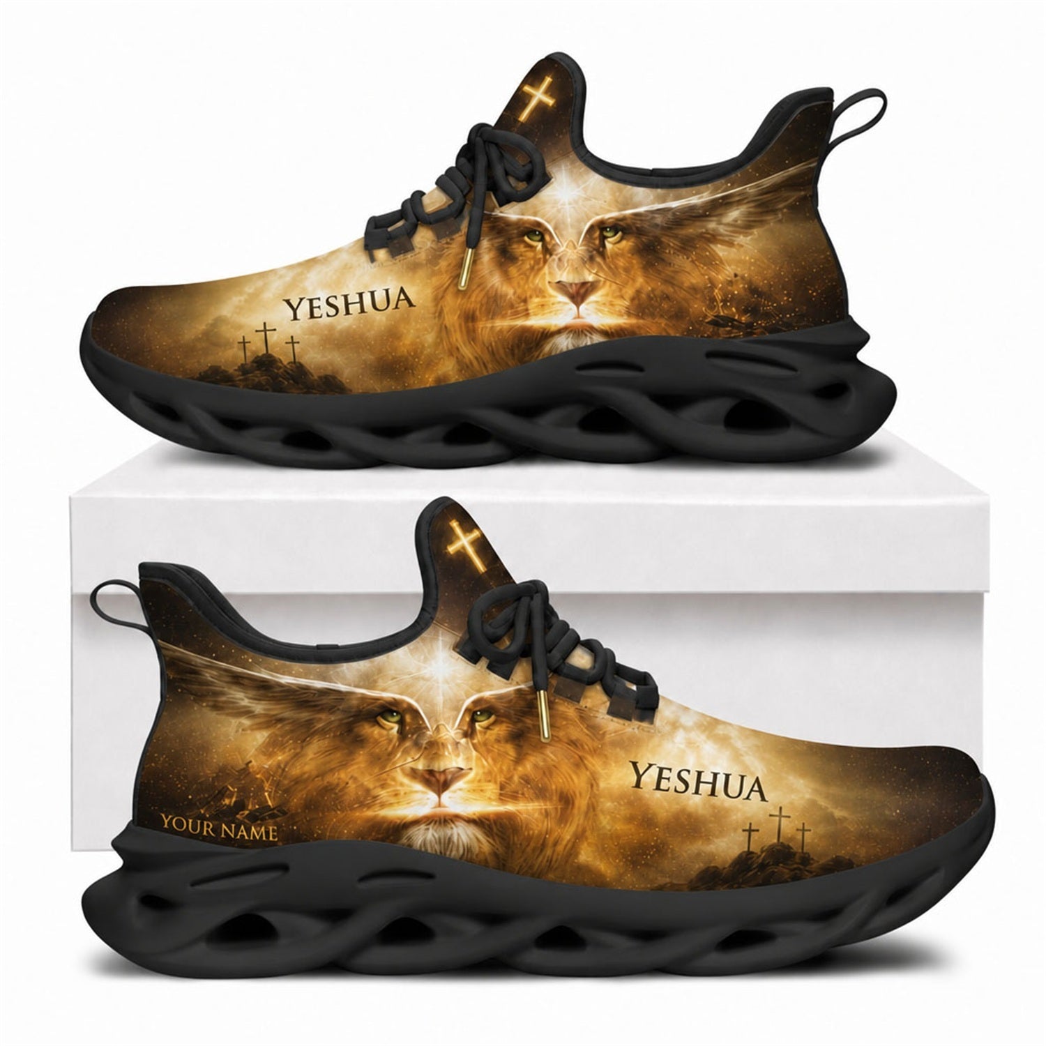 Christian sneakers with Lion of Judah art, three crosses, "Yeshua" text, black wavy soles