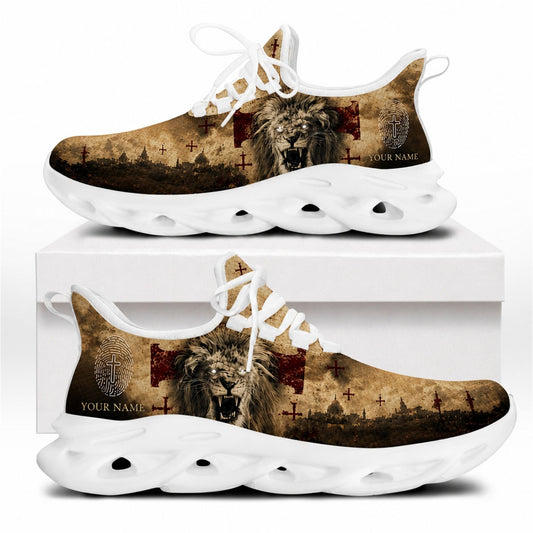 Side view of faith sneakers with lion and city motif on white outsoles