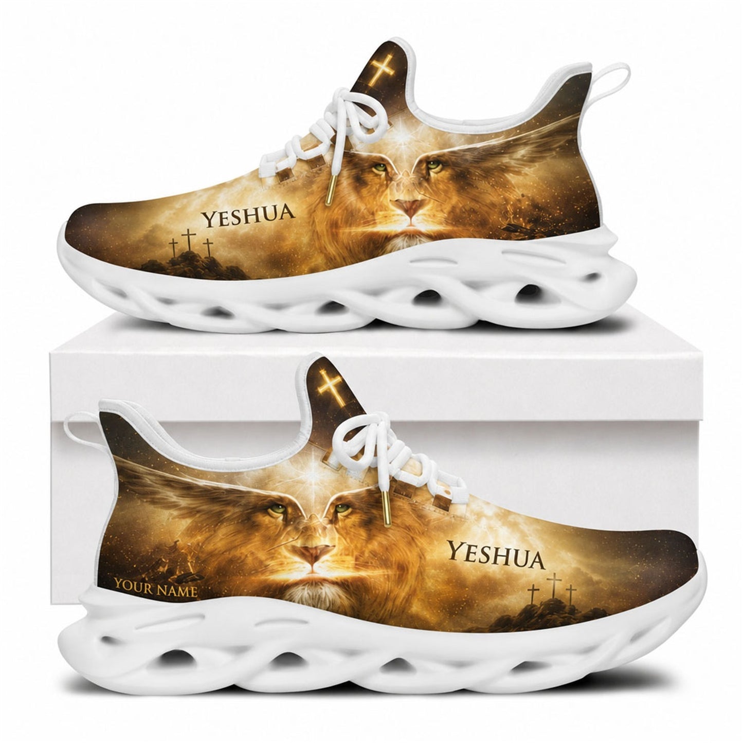 Side view of Lion of Judah sneakers featuring powerful lion and cross design with white outsoles