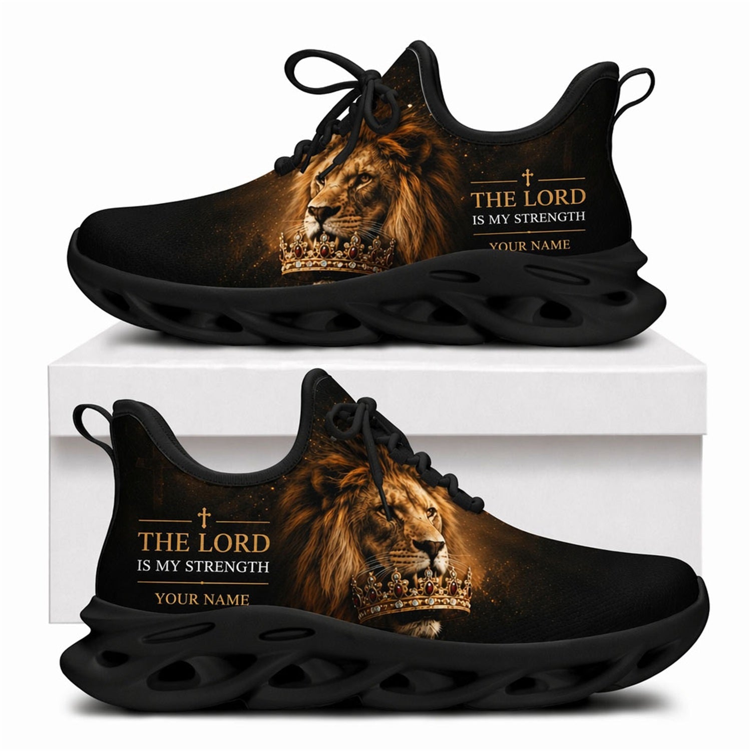 Lion of Judah Christian shoes with royal crown artwork and a solid black wavy athletic sole