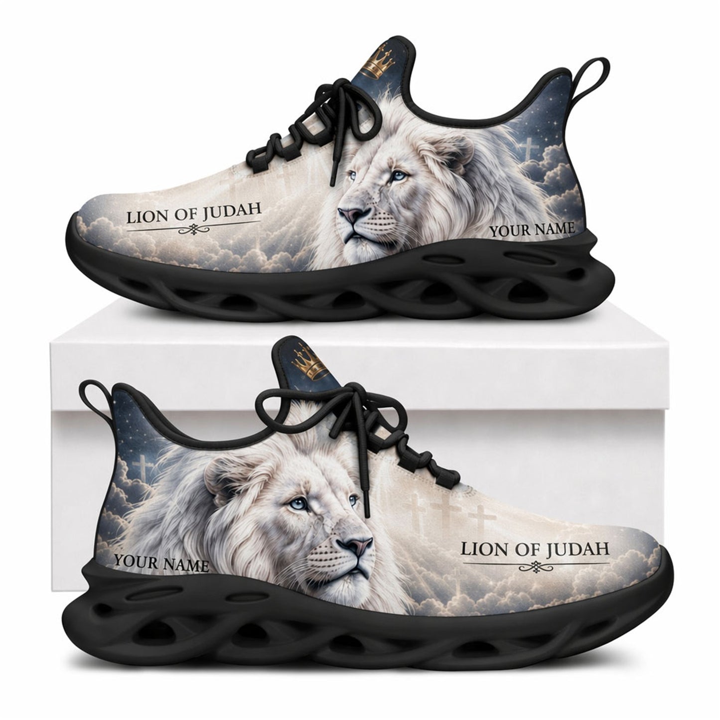 Side view of custom name Lion of Judah Max Soul shoes featuring a crowned white lion under a heavenly sky with a solid black wavy sole