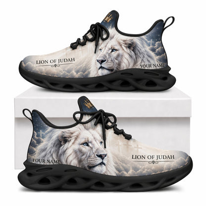 Side view of custom name Lion of Judah Max Soul shoes featuring a crowned white lion under a heavenly sky with a solid black wavy sole