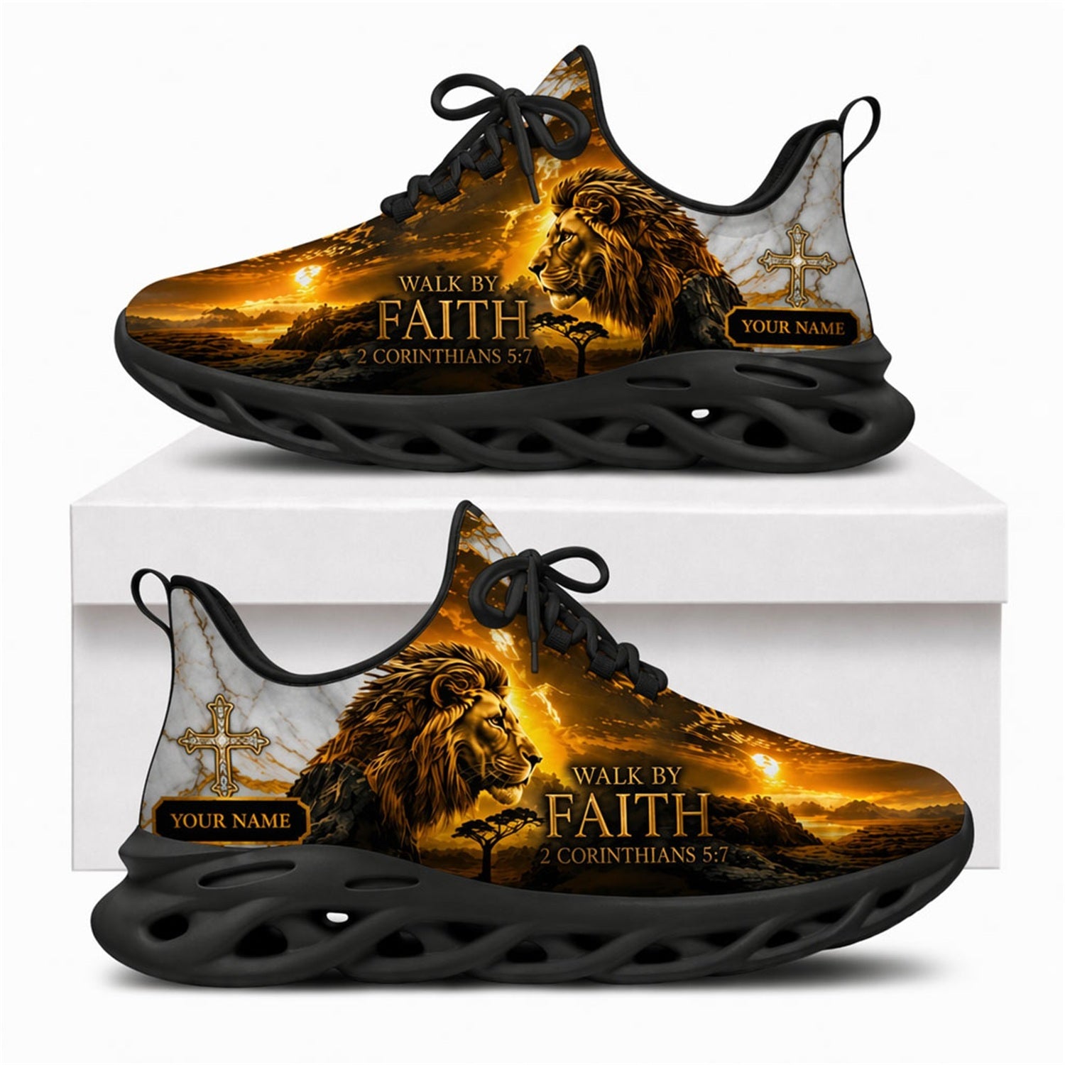 Christian sneakers with lion design, "Walk by Faith" text, and cross on black wavy soles