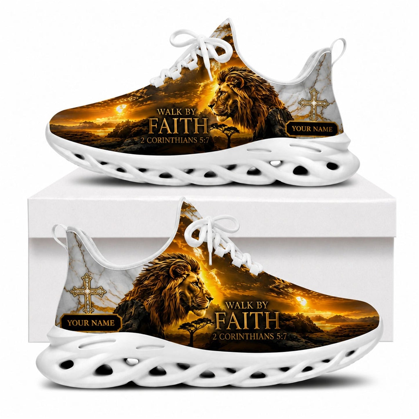 Side view of faith sneakers with lion and sunset motif on white outsoles