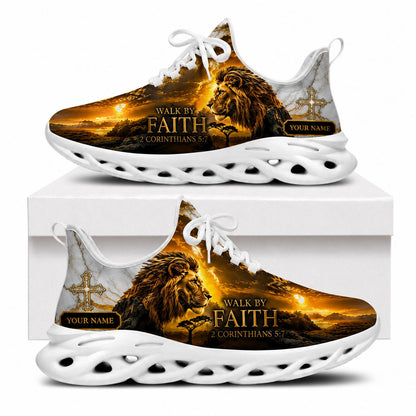 Side view of faith sneakers with lion and sunset motif on white outsoles
