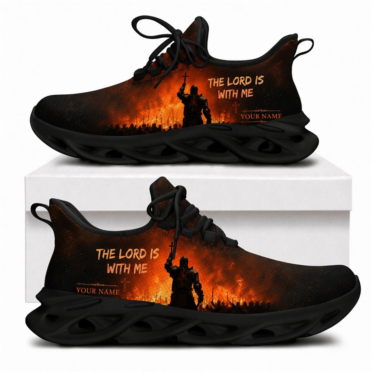 Christian warrior sneakers with knight holding cross in fire, "The Lord Is With Me" text, black soles