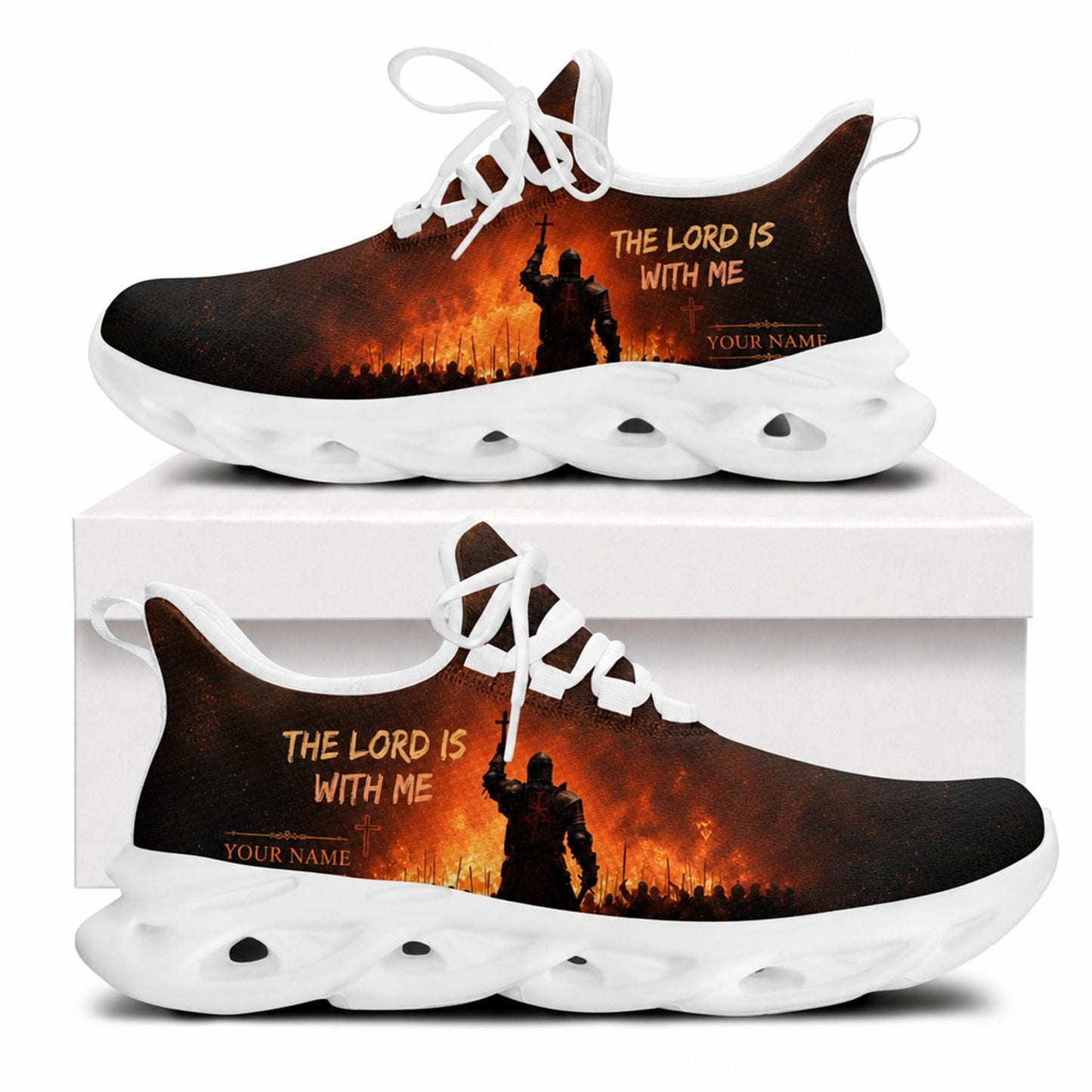 Side view of Knight of Faith sneakers featuring fiery warrior art and white outsoles
