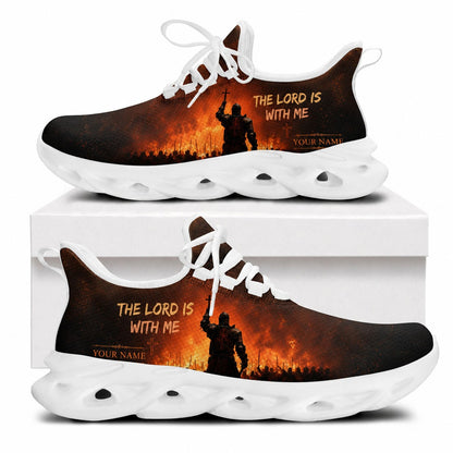 Side view of Knight of Faith sneakers featuring fiery warrior art and white outsoles