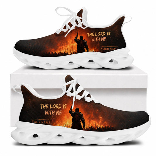 Side view of Knight of Faith sneakers featuring fiery warrior art and white outsoles