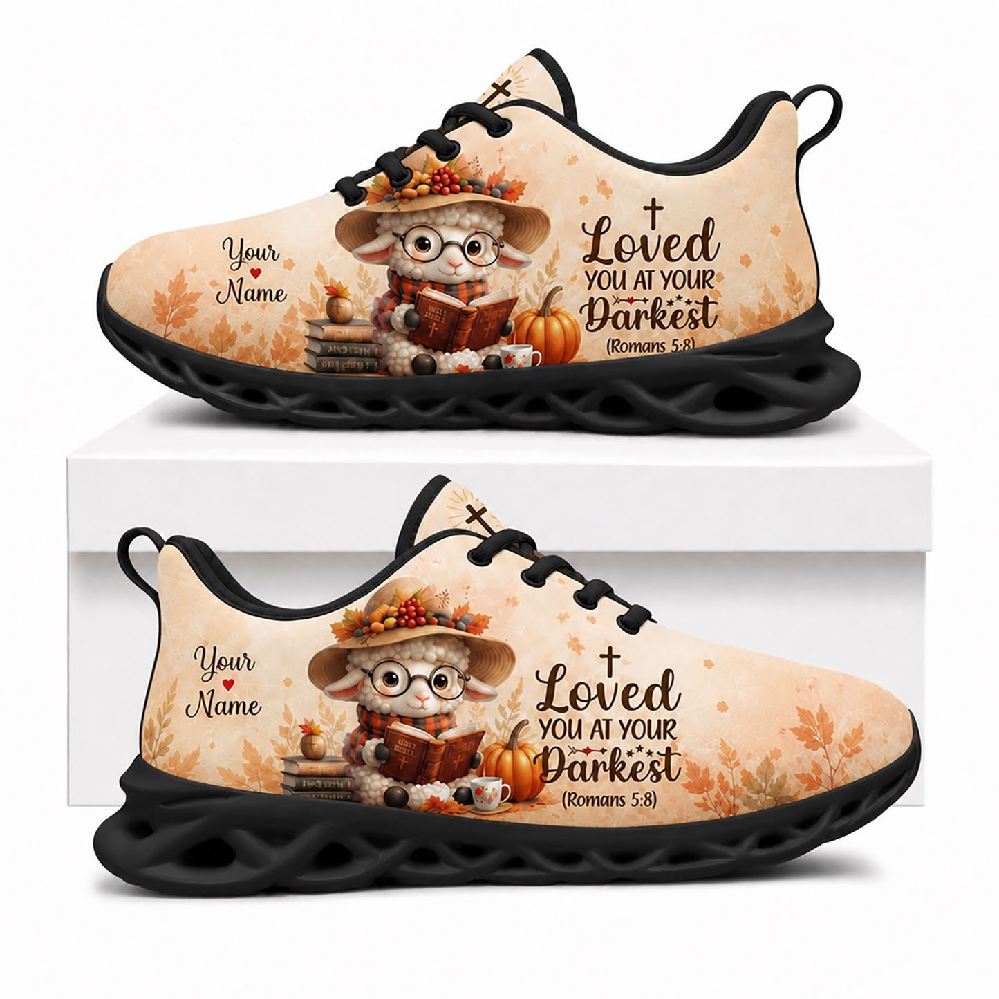 Side view of Custom Name Romans 5:8 Max Soul Shoes in black sole showing the personalizable name text zone