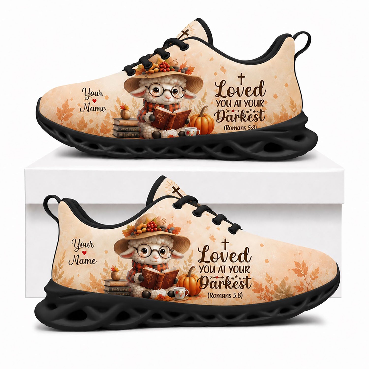 Side view of Custom Name Romans 5:8 Max Soul Shoes in black sole showing the personalizable name text zone
