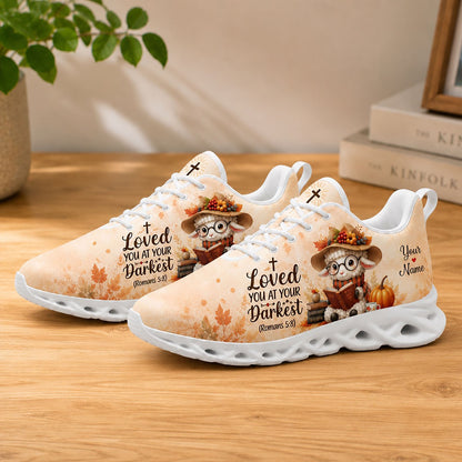 Lifestyle product photography of Custom Name Romans 5:8 Max Soul shoes with white soles styled on a clean wooden table