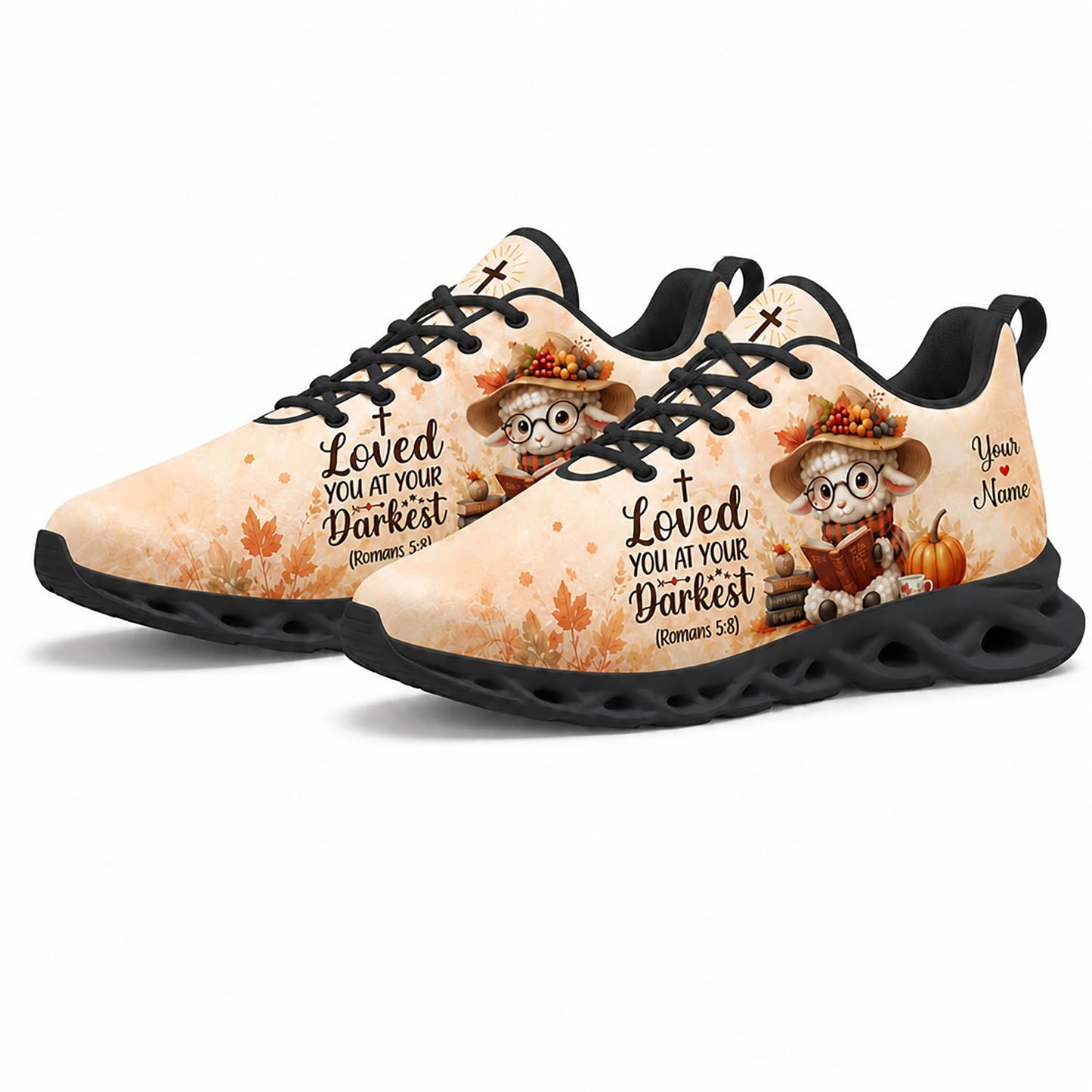 Pair of autumn lamb sneakers featuring a cozy harvest season print with dynamic black traction soles