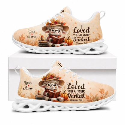 Side view of Custom Name Romans 5:8 Max Soul Shoes in white sole featuring an autumn lamb reading a book and a pumpkin