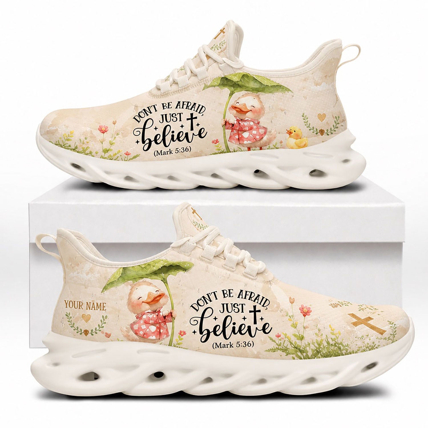 Side view of Custom Name Mark 5 36 Just Believe Max Soul Shoes in white sole featuring cute duck holding leaf umbrella art