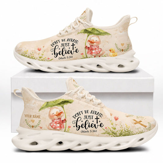 Side view of Custom Name Mark 5 36 Just Believe Max Soul Shoes in white sole featuring cute duck holding leaf umbrella art