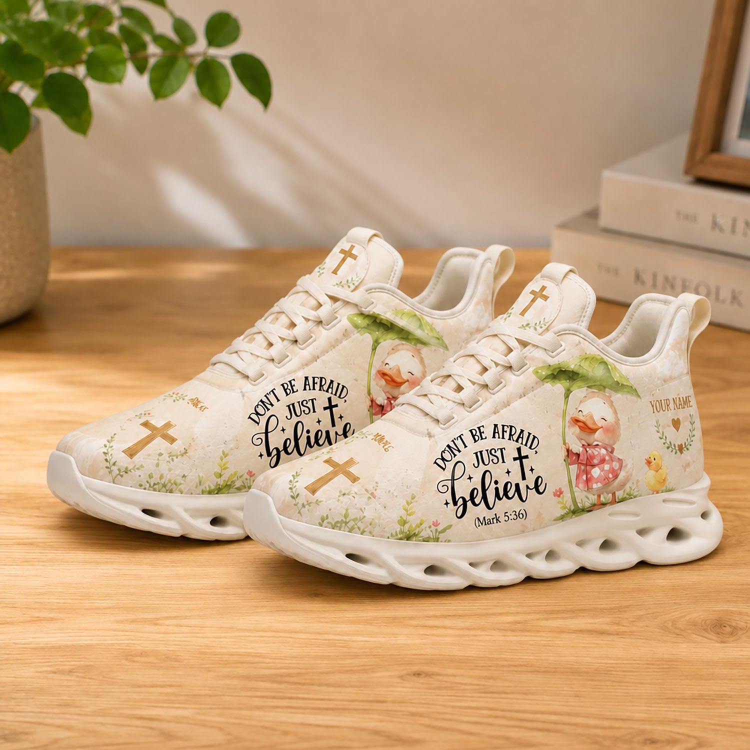 Lifestyle display of Custom Name Mark 5 36 Max Soul shoes with white soles styled on a modern wooden table