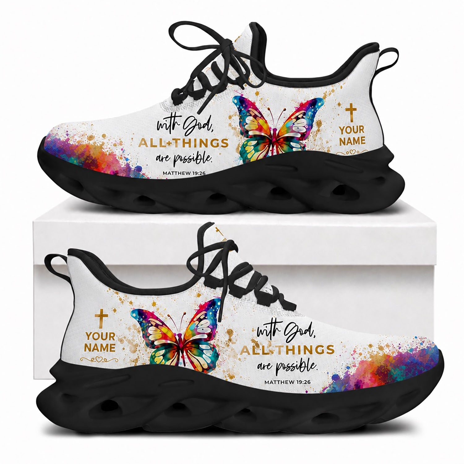 Side view of Custom Name Matthew 19:26 Max Soul Shoes in black sole showing the personalizable name text panel