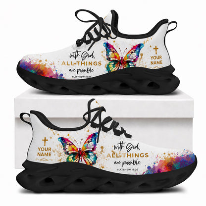 Side view of Custom Name Matthew 19:26 Max Soul Shoes in black sole showing the personalizable name text panel
