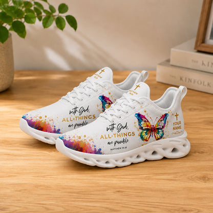 Lifestyle product presentation of Custom Name Matthew 19:26 Max Soul shoes with white soles styled on a wooden tabletop