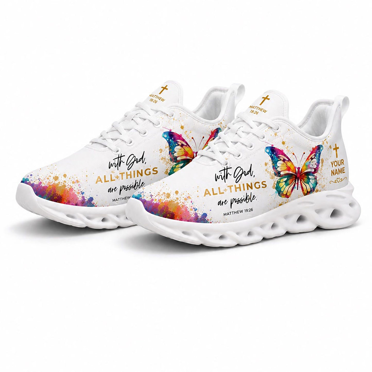 Angled pair of vibrant Christian butterfly sneakers with Matthew 19:26 scripture and gold accents on white soles